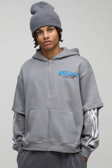 Oversized Boxy Moto Zip Through Faux Layer Hoodie