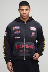 Oversized Boxy Moto Applique Zip Through Hoodie