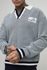 Tall Contrast Edge Open Knit Boxy Oversized Polo Neck Jumper