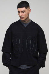 Tall Oversized Boxy Faux Layer Applique Denim Varsity Top