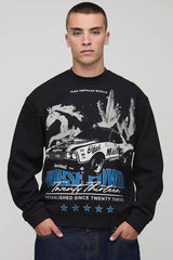 Black Oversized Boxy Extended Neck Horse Printed Sweatshirt