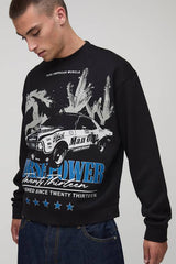 Black Oversized Boxy Extended Neck Horse Printed Sweatshirt