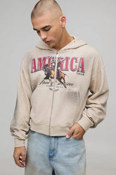 Stone Shrunken Fit America Western Distressed Washed Printed Zip Through Hoodie