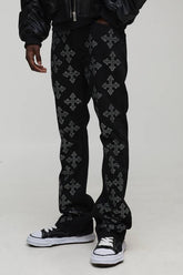 Stacked Flared Cross Rhinestone Embellished Denim Jeans