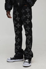 Stacked Flared Cross Rhinestone Embellished Denim Jeans