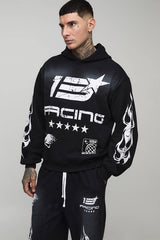 Tall Oversized Boxy Spray Wash Moto Print Hoodie & Baggy Jogger Tracksuit