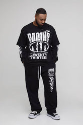 Plus Oversized Faux Layer Racing Print T-Shirt & Baggy Flat Knit Drawcord Jogger Tracksuit