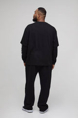 Plus Oversized Faux Layer Racing Print T-Shirt & Baggy Flat Knit Drawcord Jogger Tracksuit