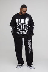 Plus Oversized Faux Layer Racing Print T-Shirt & Baggy Flat Knit Drawcord Jogger Tracksuit