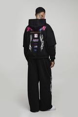 Tall Oversized Faux Layer Moto Print Hoodie & Extreme Wide Leg Jogger Tracksuit