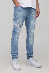 Skinny Stacked Printed Rip & Repair Denim Jeans