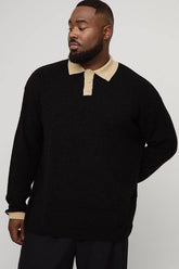 Plus Oversized Contrast Placket Knitted Polo Shirt