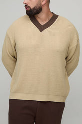 Plus Oversized Knitted Contrast V-Neck Jumper