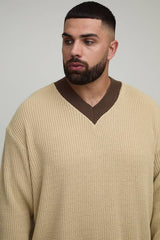 Plus Oversized Knitted Contrast V-Neck Jumper