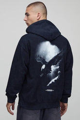 Charcoal Oversized Eagle Printed Washed Hoodie