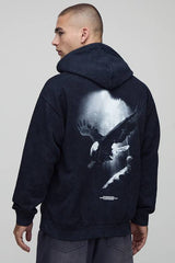 Charcoal Oversized Eagle Printed Washed Hoodie