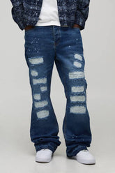 Straight Flared Stacked Stitch Ripped Detail Jeans