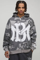 Oversized Cross Applique Camo Zip Through Hoodie