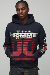 Oversized Boxy Washed Black Moto Racing Graphic Hoodie