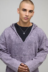 Oversized Drop Shoulder V Neck Washed Distressed Hoodie