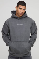 Washed Charcoal Oversized Space Graphic Print Hoodie