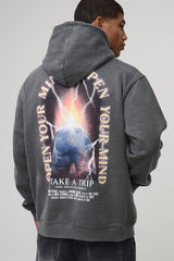 Washed Charcoal Oversized Space Graphic Print Hoodie