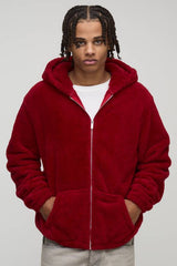 Regular Fit Fluffy Borg Embroidered Zip Through Hoodie