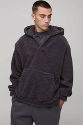 Oversized Fluffy Borg Man Tab V Neck Hoodie