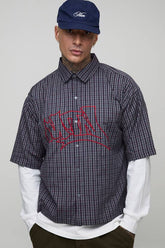 Tall Oversized Boxy Graffiti Applique Faux Layer Micro Check Shirt