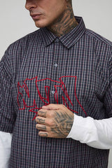 Tall Oversized Boxy Graffiti Applique Faux Layer Micro Check Shirt