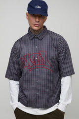 Tall Oversized Boxy Graffiti Applique Faux Layer Micro Check Shirt