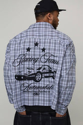 Plus Oversized Boxy Racing Embroidered Micro Check Shirt