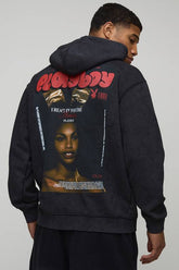 Black Oversized Playboy Washed License Printed Hoodie