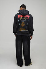 Black Oversized Playboy Washed License Printed Hoodie