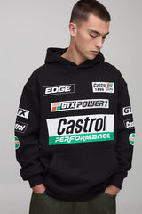 Black Oversized Castrol Racing Moto License Printed Hoodie