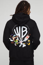 Black Oversized Warner Bros Logo License Printed Hoodie