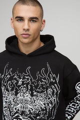 Black Oversized Gothic BM Crest Printed Hoodie