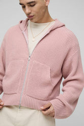 Boxy Fit Ribbed Zip Thru Knitted Hoodie