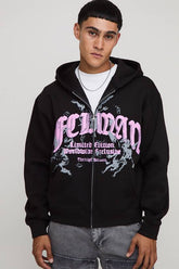 Black Oversized Boxy Zip Through Ofcl Man Printed Hoodie