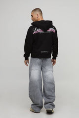 Black Oversized Boxy Zip Through Los Angeles Puff Print Hoodie