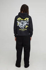 Black Oversized Boxy Zip Through Renaissance Star Washed Hoodie