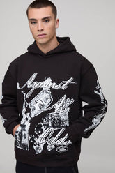 Black Oversized Boxy Against Odds Graphic Printed Hoodie