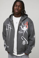 Charcoal Oversized Zip Through Graffiti Tattoo Printed Hoodie