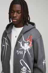 Charcoal Oversized Zip Through Graffiti Tattoo Printed Hoodie
