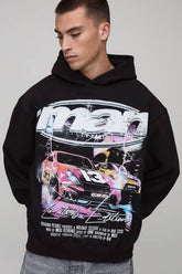 Black Oversized Boxy Lightening Moto Graphic Hoodie