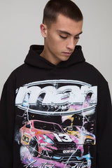 Black Oversized Boxy Lightening Moto Graphic Hoodie