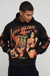 Black Oversized Boxy American Tour Graphic Hoodie