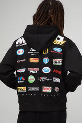 Black Oversized Boxy Zip Through Moto Badge Printed Hoodie