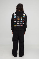 Black Oversized Boxy Zip Through Moto Badge Printed Hoodie