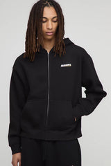 Black Oversized Boxy Zip Through Moto Badge Printed Hoodie